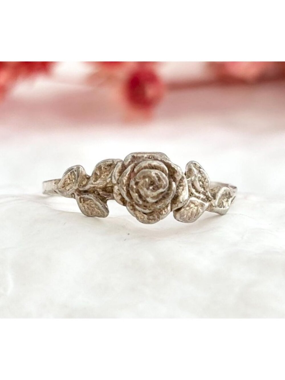 Rosebud Floral Handcarved Bold Sterling Silver 925 Vintage Ring - sz 6.5